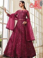 Burgundy Net & Satin Suit With Heavy Mul