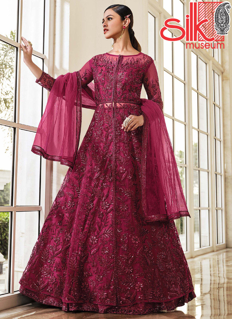 Burgundy Net & Satin Suit With Heavy Multi,Sequence Embroidery Work