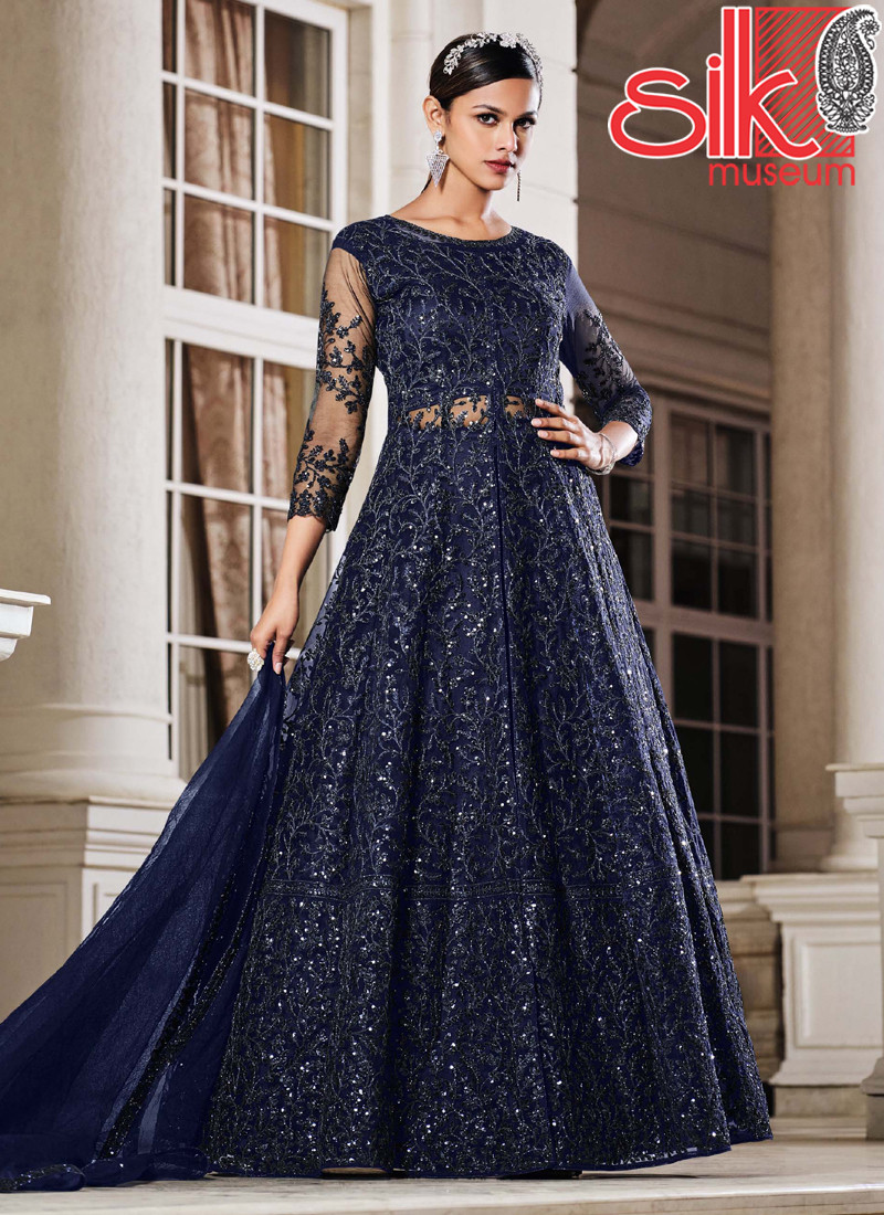 Blue Net & Satin Suit With Heavy Multi,Sequence Embroidery Work