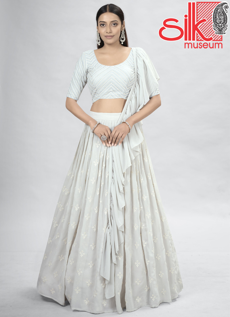 Off-White Georgette Lehenga With Thread & Sequins