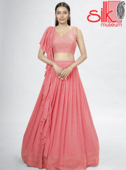 Coral Georgette Lehenga With Mukaish,Thread & Sequins Work