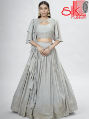 Silver Georgette Lehenga With Mukaish,Thread & Sequins Work