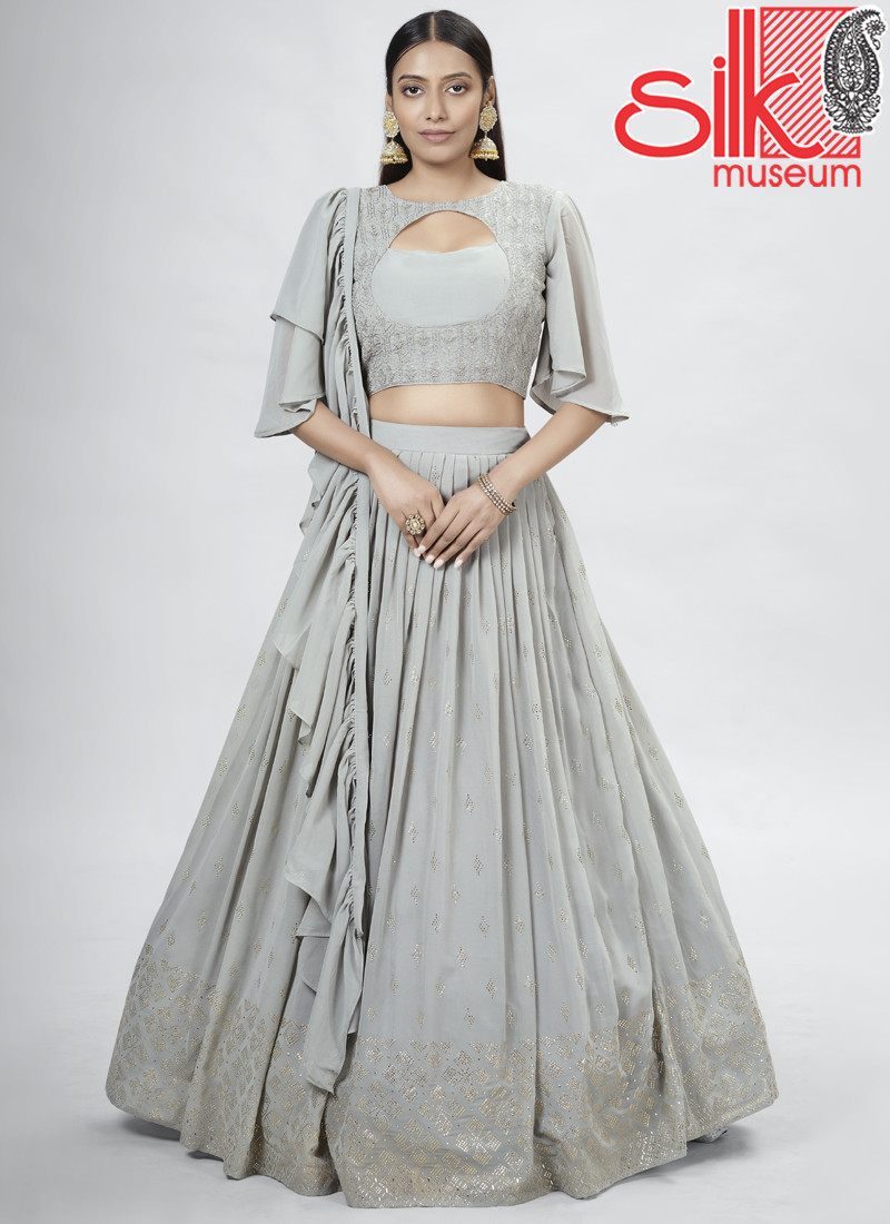 Silver Georgette Lehenga With Mukaish,Thread & Sequins Work