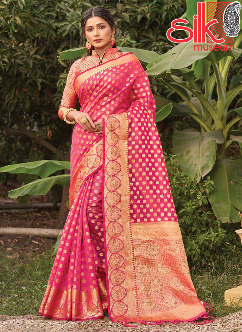 Heavy Pink Organza Saree With Zari Wevon Designer Work