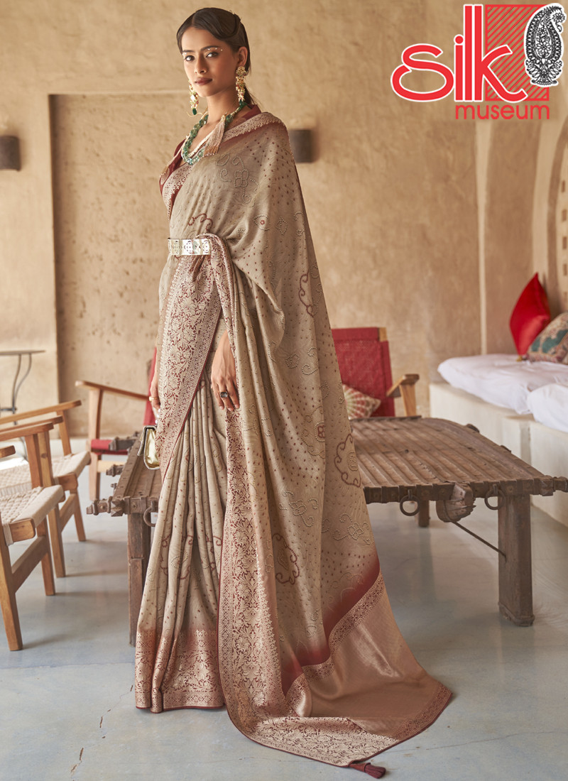 Silver Silk With Jacquard Border Pallu Saree Style Bandhani