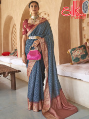 Blue Silk With Jacquard Border Pallu Saree Style Bandhani