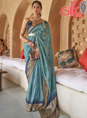 Sky Blue Silk With Jacquard Border Pallu Saree Style Bandhani