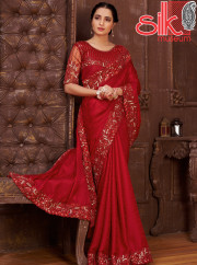 Red Satin Saree Jacquard Self Design With Embroidery Work