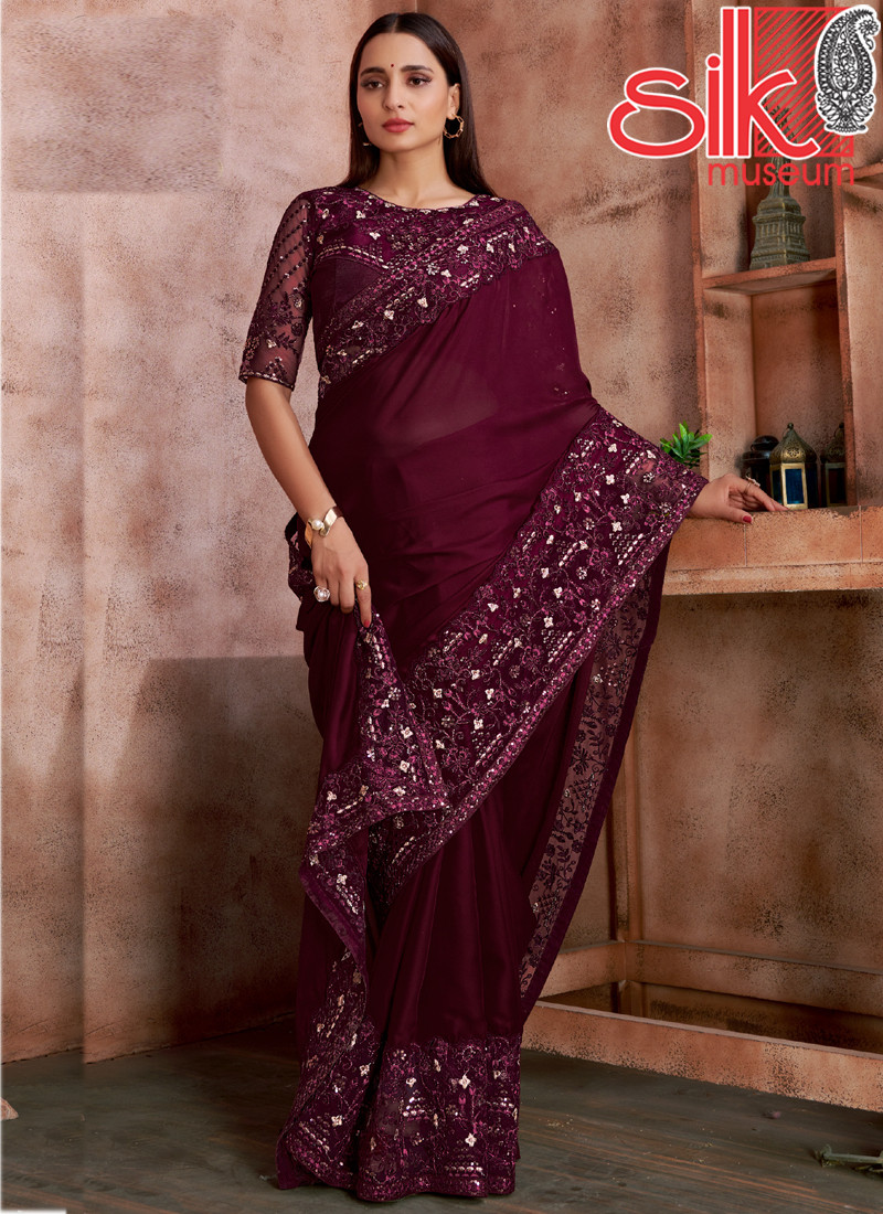 Wine Satin Georgette Saree With Embroidery Work