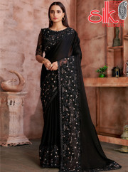 Black Satin Georgette Saree With Embroidery Work