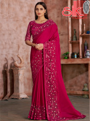 Magenta Satin Georgette Saree With Embroidery Work