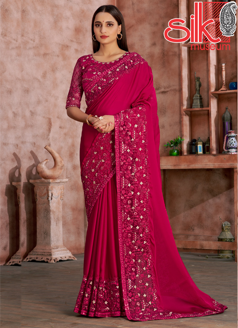 Magenta Satin Georgette Saree With Embroidery Work