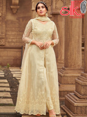 Cream Net & Satin Suit With Embroidery &