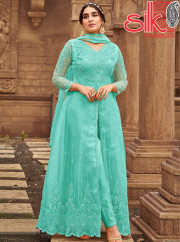 Turquoise Net & Satin Suit With Embroide