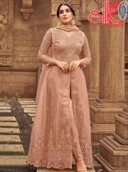 Brown Net & Satin Suit With Embroidery &