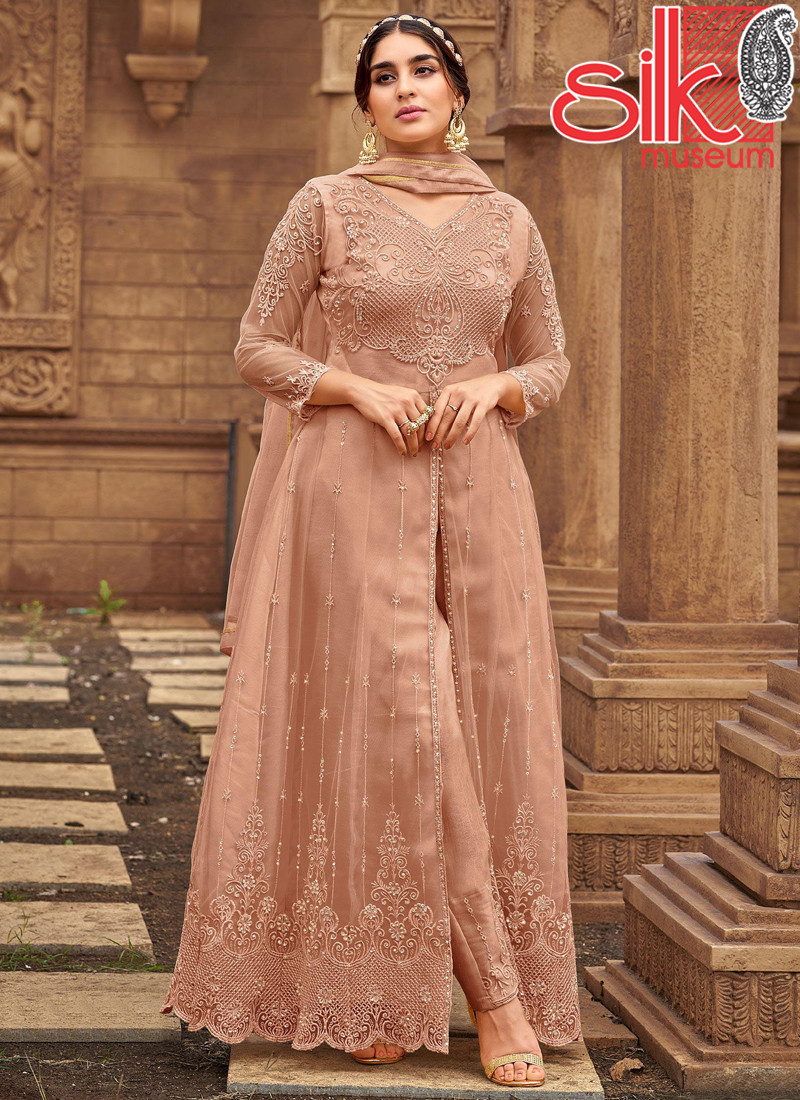 Brown Net & Satin Suit With Embroidery & Diamond Work