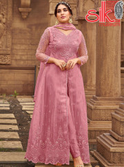 Pink Net & Satin Suit With Embroidery & Diamond Work