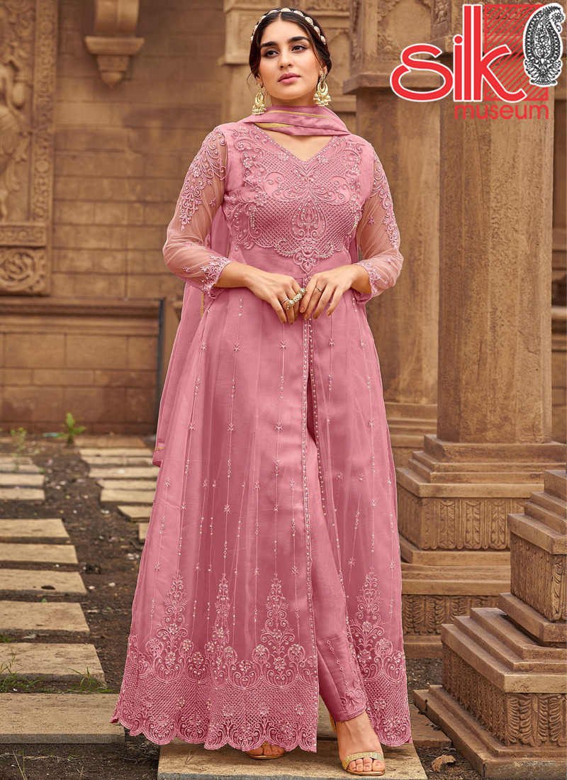 Pink Net & Satin Suit With Embroidery & Diamond Work