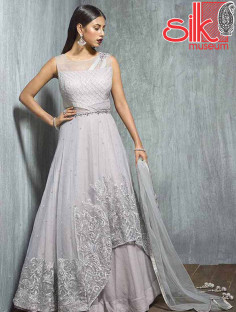 Grey Gown Net With Santoon Fabric With Stone, Thread & Sequins Work