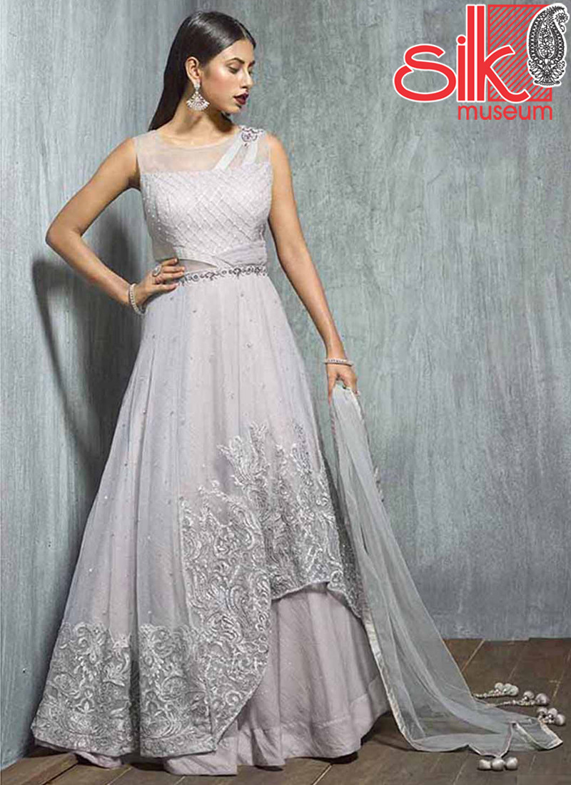 Grey Gown Net With Santoon Fabric With Stone, Thread & Sequins Work