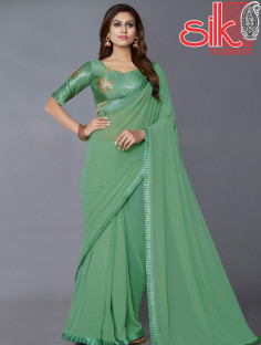 Pista Green Georgette,Satin Saree With Sequins & Lace Work