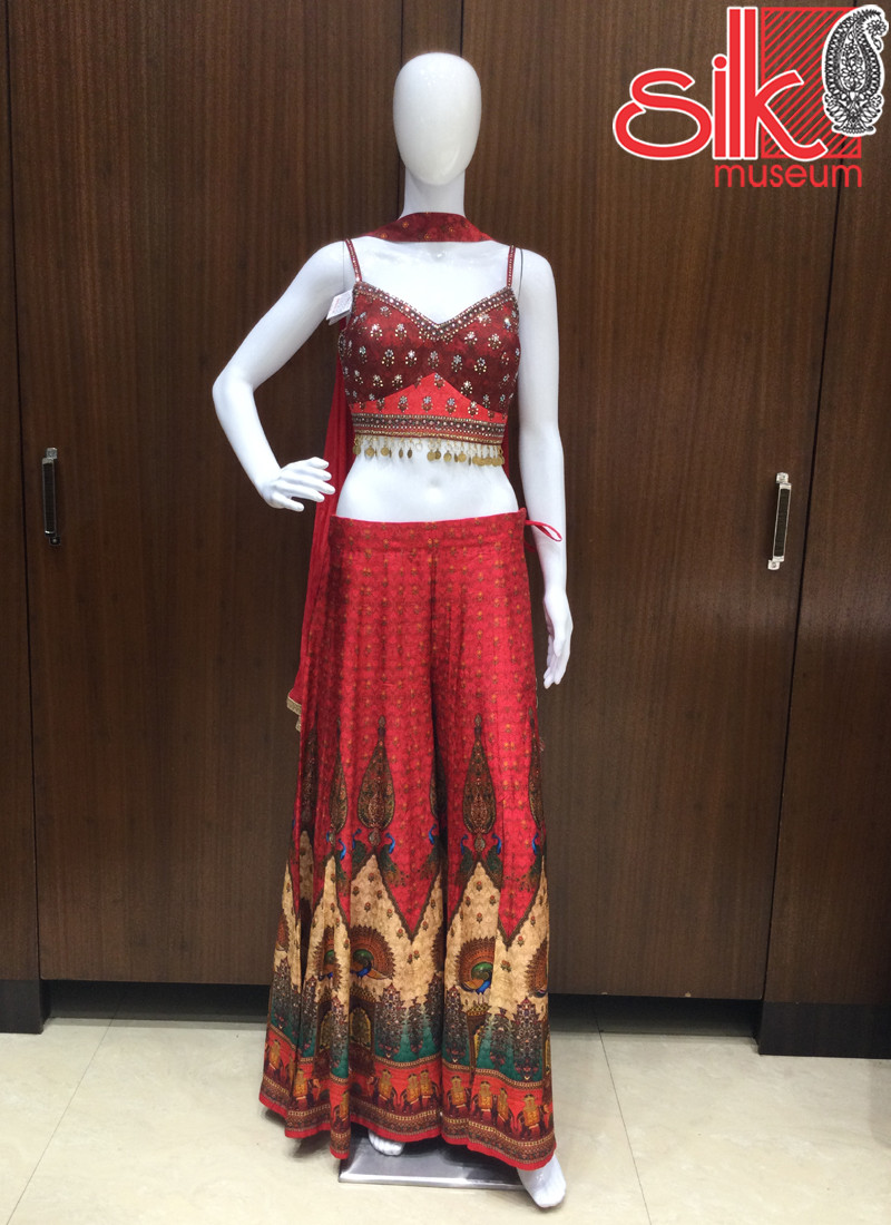 Red Choli Pent Style Dress With Mirror Work