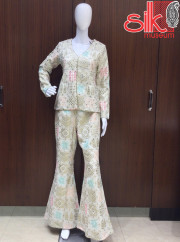 Cream Jacket Garara Style Dress With Mirror & Stone Work