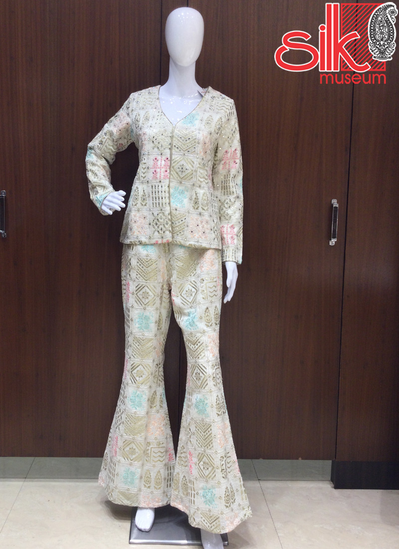 Cream Jacket Garara Style Dress With Mirror & Stone Work