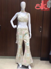 Cream Choli Pent Style Dress With Mirror & Diamond Work
