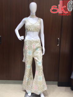 Cream Choli Pent Style Dress With Mirror & Diamond Work