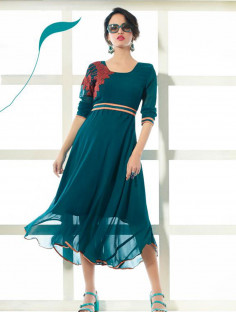 Magnificent Teal Color Ready Made Georgette Designer Party Wear Kurti