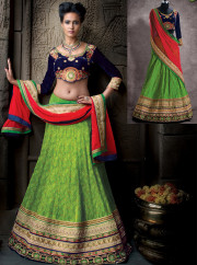 Jazzy Green Color Banarasi Silk,Jacquard With Velvet Designer A Line Lehenga Choli